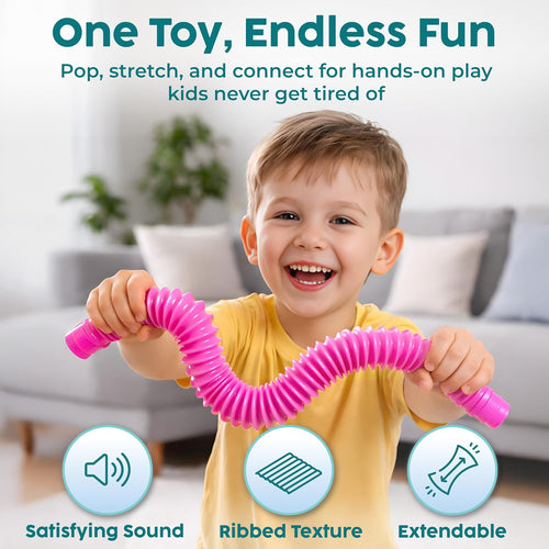 Bunmo Pop Tubes 4-pack Large - Non-Mouthable Fidget Toy for Creative Learning & Fine Motor Practice - Ages 3+
