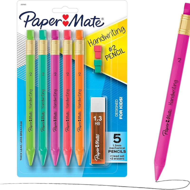 Paper Mate Handwriting Triangular Mechanical Pencils with Lead & Eraser Refills, 1.3mm, Fun Barrel Colors, 30 Count (6 Packs of 5) - Teacher Supplies, Learning to Write