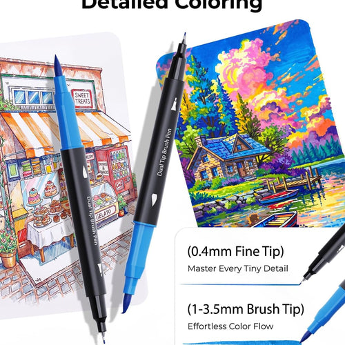 JusArt Markers for Adult Coloring Books No Bleeding, 60 Colors | Dual Tip, Triangle Grip, Fine & Brush Tips, Water-Based, 33% More Ink, With 200gsm Coloring Book, Storage Case, 6 Spare Tips