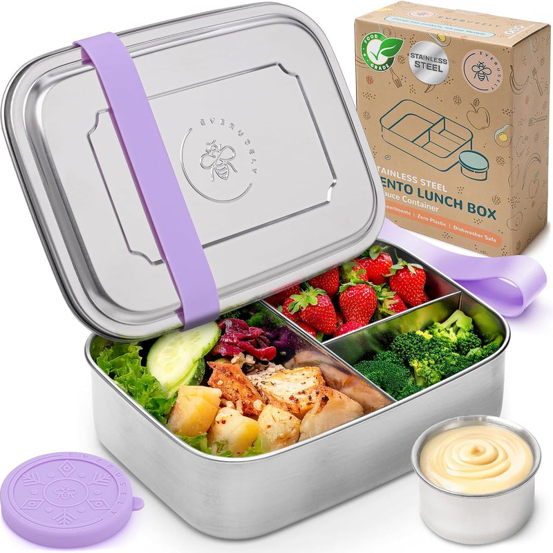 Everusely - Bento Box - Green, 27oz / 0.8 L - Stainless Steel Lunch Box with Leakproof Condiment Container - 3 Compartment Snack Organizer for On the Go Meals - Freezer & Dishwasher Safe