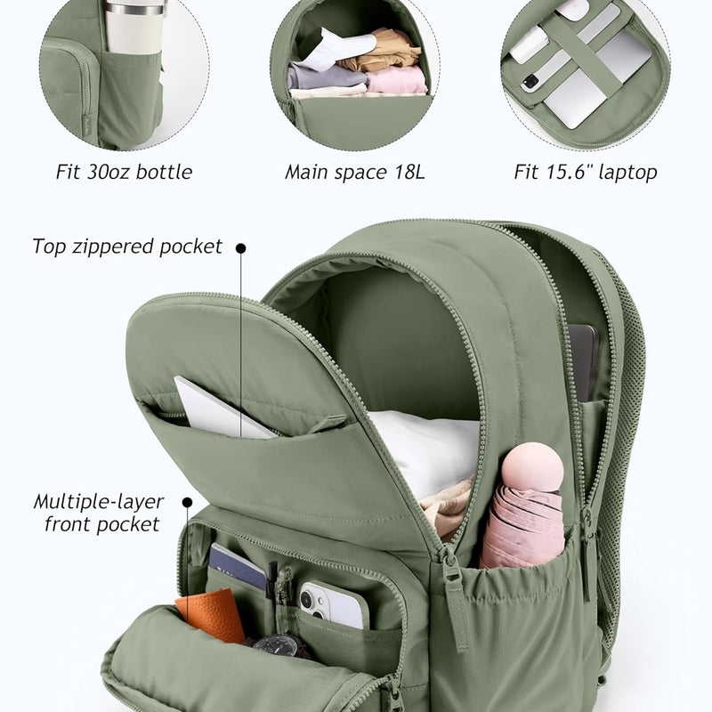Uselike Travel Backpack for Women, 15.6 Inch Laptop Backpack, Quilted College Bookbag, Cute Work Backpacks, Water Resistant (Sage Green)