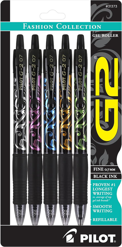 Pilot G2 Premium Refillable and Retractable Rolling Ball Gel Pens, Fine Point, Fashion Collection, 0.7 mm, Black Ink Pens, 5-Pack