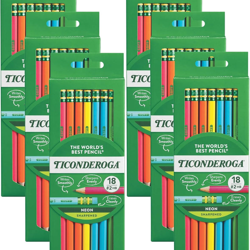 Ticonderoga Wood-Cased Pencils, Pre-Sharpened, #2 HB Soft, Neon Colors, 18 Count