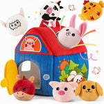 SAIMAND Montessori Farm Toy for Babies, Plush Barn with 7 Soft Animal Toys | Crinkle, Squeaky, Rattle, Mirror, Portable Barn Storage, Fine Motor Play, Multi-Sensory Learning, Gift for Infants & Toddler