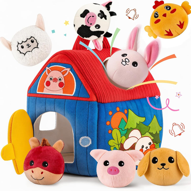 SAIMAND Montessori Farm Toy for Babies, Plush Barn with 7 Soft Animal Toys | Crinkle, Squeaky, Rattle, Mirror, Portable Barn Storage, Fine Motor Play, Multi-Sensory Learning, Gift for Infants & Toddler