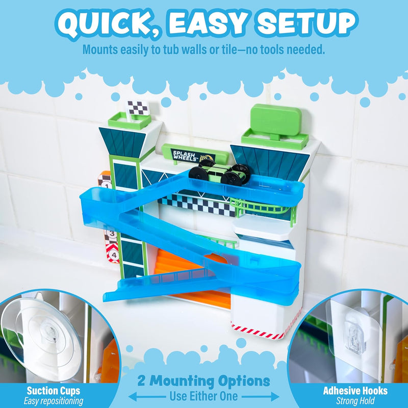Tub Works® Splash Wheels™ Bathtime Raceway Car Ramp Toddler Bath Toy | Race Car Track with 2 Water-Activated Light-Up Racers | Light Up Bath Toys Flash & Change Colors | Engaging Bathtub Toys for Kids