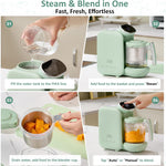 Chefhandy 5-in-1 Baby Food Maker with Stainless Steel Steam Basket, Green | One-step baby food processor with BPA-free food-contact parts, 6 reusable pouches, and recipe guide for homemade baby meals.