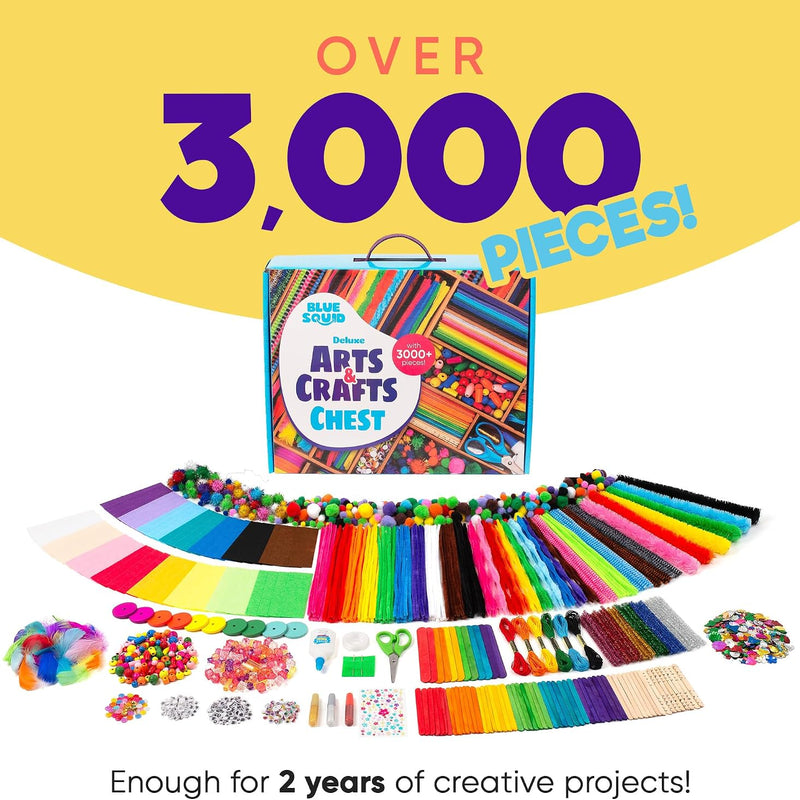 Blue Squid 3000+ pcs Arts and Crafts Supplies for Kids | Craft Kit Box for Kids Age 4-5, 4-8, 6-8, 8-12 | Craft Supplies & Materials Crafts Set Toys Art Box Gifts for Girls Boys Bulk Art Kit