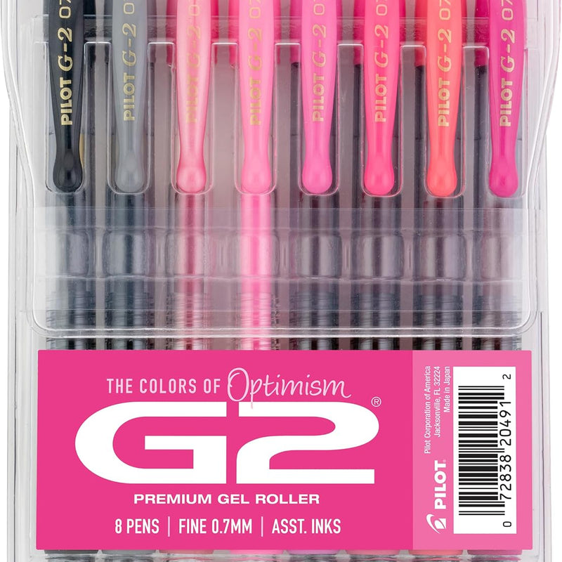 Pilot G2 Premium Gel Roller Pens, G2 Boost Pink Pens Pack, The Colors of Optimism, 8 Pack Pouch, Fine Point 0.7 mm, Assorted