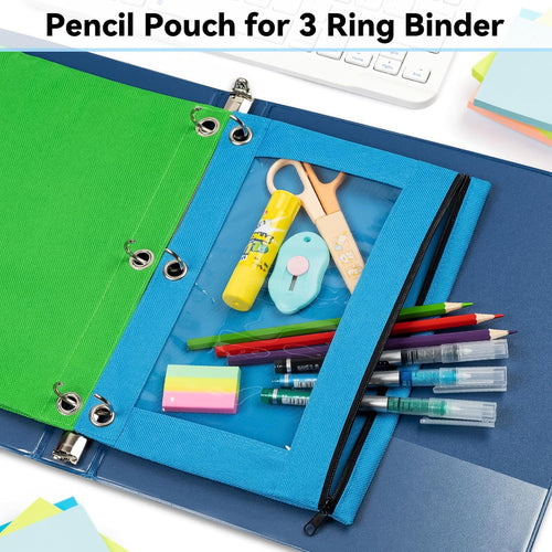 V-Opitos Pencil Pouch for 3 Ring Binder, Bulk 6 Pack 3-Holes Zipper Pencil Pouches in Assorted Colors, Sturdy and Durable Cloth Pencil Case with Clear Window for Office School College Supplies