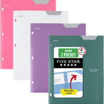 Five Star 2-Pocket Plastic Folder with Stay-Put Tabs, Fits 3-Ring Binder, Holds 8.5" x 11" Paper, Assorted Colors, 4 Pack (333420B)