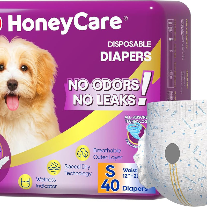 HONEY CARE All-Absorb Disposable Female Dog Diapers Small Size, Improved, 40 Count, Super Absorbent, Breathable, Wetness Indicator (Pack of 1, 40 Count Total)