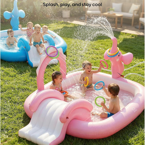 QPAU Elephant Kids Pool with Slide and Sprinkler, Inflatable Play Center with 4 Rings, 72 × 64 × 37 in, Fast Inflation Kiddie Pool for Garden & Backyard, Birthday Gift for Ages 1+ (Pink)