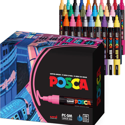 Uni Posca Paint Markers, 5M Medium Acrylic Markers with Reversible Tips, Artist Recommended For Gifts, Decorations, Fabric, Metal, Glass, Wood and Canvas, Assorted Colors, Set of 29