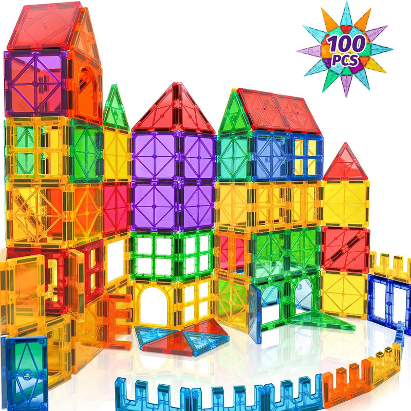 100pcs Magnetic Tiles Magnetic Building Blocks for Toddlers 3 4 5 6 7 Year Old Boys Girls Educational Magnet Blocks Christmas Birthday Gift Toys for Kids Ages 4-8 Sensory Toys 1-3