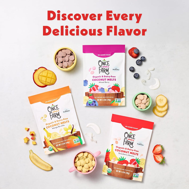 Once Upon A Farm Organic Coconut Melts with Probiotics, Strawberry Banana, Dairy Free, Non GMO, Kosher, 1 Ounces (Pack of 8) | Once Upon A Farm Organic Coconut Melts with Probiotics, Strawberry Banana, Dairy Free, Non GMO, Kosher, 1 Ounces, 8 Pack