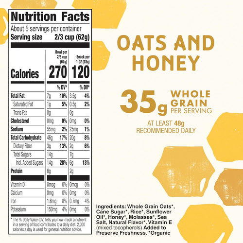 Cascadian Farm Organic Oats and Honey Granola, Resealable Pouch, 11 oz | Whole Grain Oats & Golden Honey, 35g Whole Grain, 3g Fiber, Non-GMO Verified, Great Yogurt or Hiking Snack