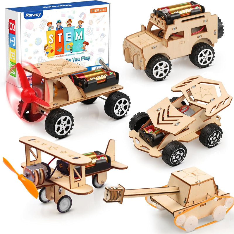 Poraxy 5-in-1 STEM Kits: Science Building Projects, Model Cars, Wooden 3D Puzzles for Kids 8-13