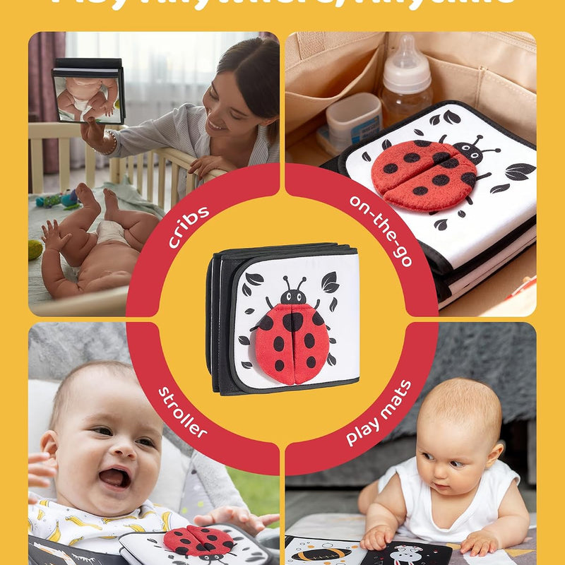 High Contrast Baby Book, Black and White, Tummy Time Mirror Toy | Newborn visual stimulation 0-6 months, Montessori sensory play, soft crinkle pages, folds flat, ties to crib and stroller