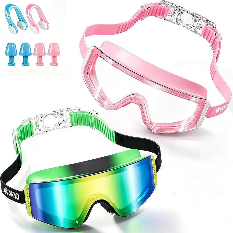 Aegend Kids Swim Goggles 2 Pack – Large Frame Anti Fog Soft Silicone Leak Proof UV Protection for Boys Girls Age 3-15