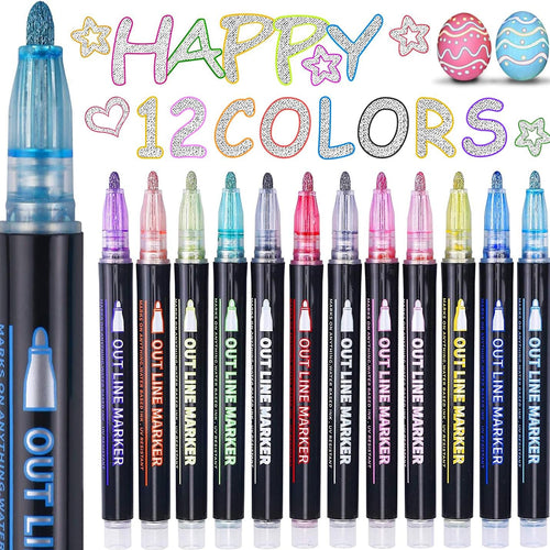 Yangmei Outline Glitter Markers, Teen Girl Gifts Trendy Stuff, Art Supplies for Kids 6-8 9-12, Crafts for Girls 8-12, 12 Self Outline Metallic Markers, Gift for 4-12 Year Old Girls Birthday Gift