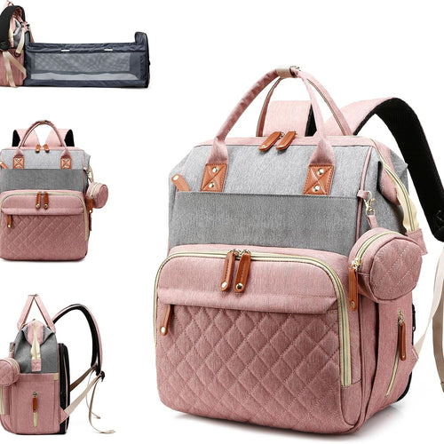 Diaper Bag with Changing Station, Waterproof 3 in 1 Diaper Backpack with Foldable Changing Pad, Large Travel Backpack for Mom & Dad, Baby Gift for Baby Girl & Boy, Pink-Grey