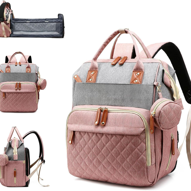 Diaper Bag with Changing Station, Waterproof 3 in 1 Diaper Backpack with Foldable Changing Pad, Large Travel Backpack for Mom & Dad, Baby Gift for Baby Girl & Boy, Pink-Grey