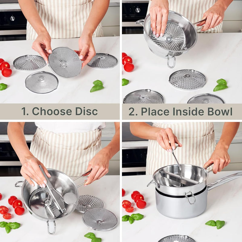 Hungry Artisan 4-Disc Food Mill for Jams, Purees & Silky Sauce | Stainless steel, ergonomic rotary crank; also for tomato sauce, canning, applesauce, baby food, berries & mashed potatoes
