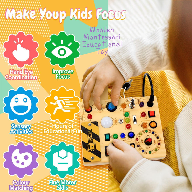 Busy Board for Toddlers with LED Light Switches, 13 Unique Switches, 24 LED Lights, Montessori Toy for 1-3 Years Old