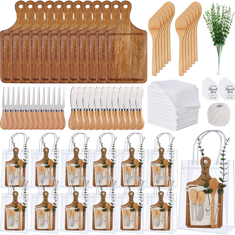 55Pcs Baby Shower Prizes for Game Winners 6 Sets Bamboo Cheese Board Spoon Fork Butter Spreaders Plaid Towel Thank You Card and Gift Bags for Baby Shower Wedding Bridal Shower Favors
