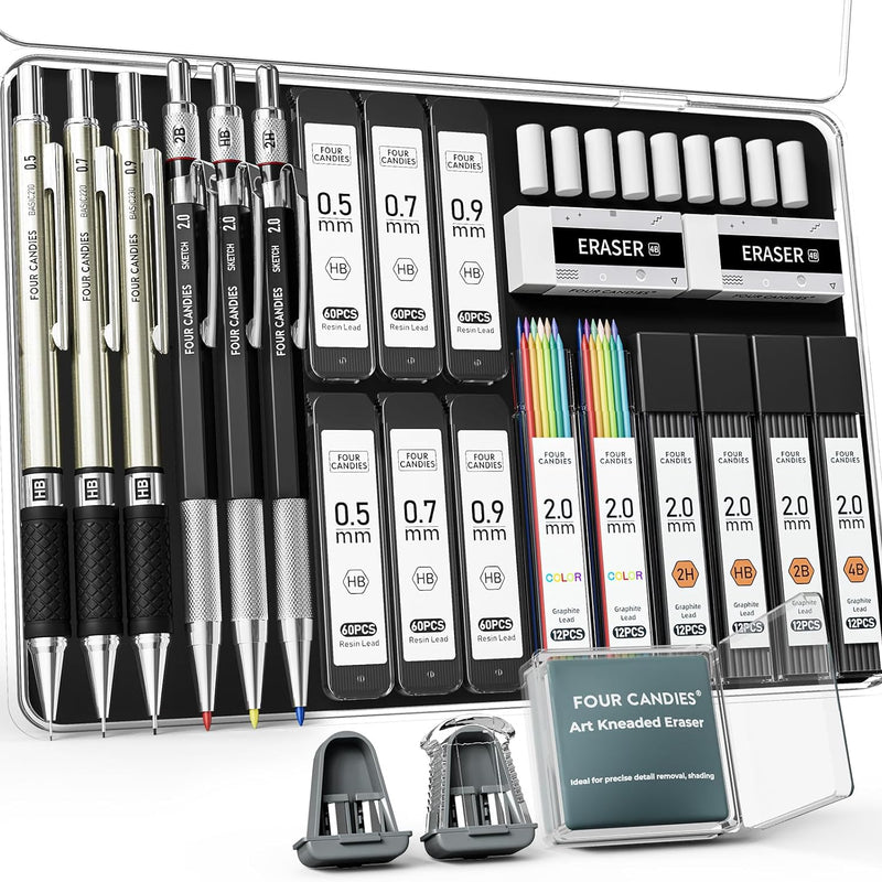 Four Candies 25PCS Mechanical Pencil Set with Case, Art Supplies with Metal Pencil 0.5, 0.7, 0.9 mm & 3PCS 2mm (HB 2H 2B 4B Color) & 432 Graphite Lead Refills, Technical Drawing Kit for Teen & Adults