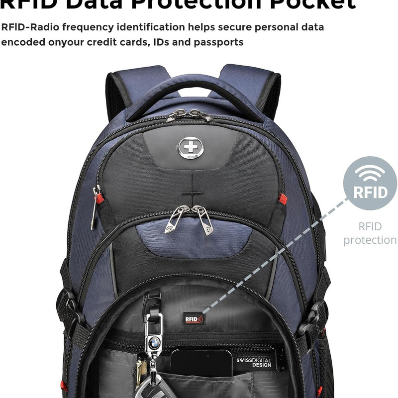 Swissdigital Design Laptop Backpack with USB Charging Port, Travel Backpack Fits 15.6 inches Computer, 31L College School Backpack for Men, Blue/Black | SD803-12