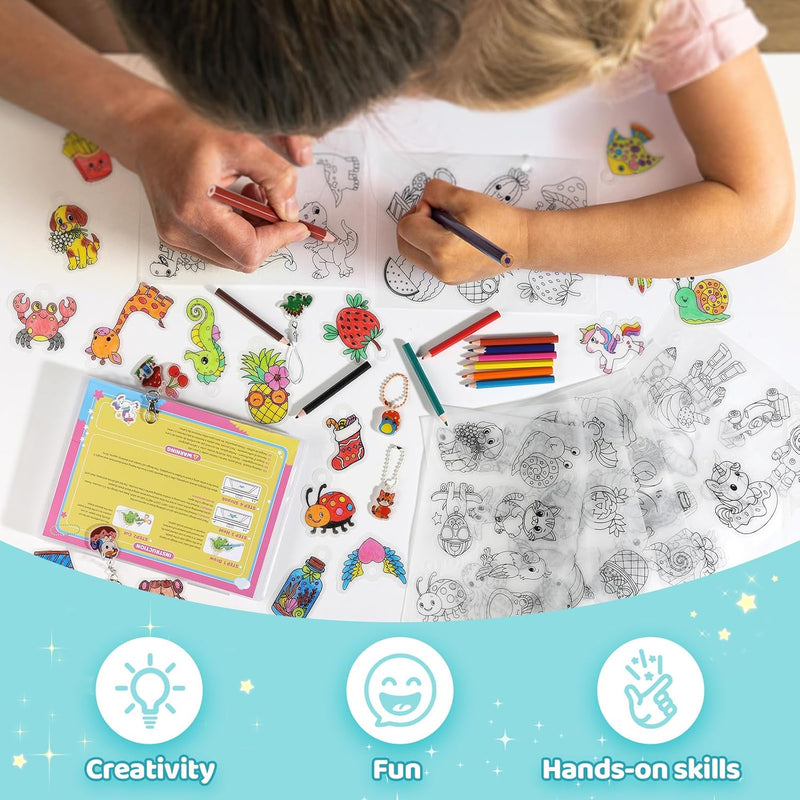 Funtopia Shrinking Art Sheets Kits for Kids, 75 Pre-Cut Keychain Making Kit | 12 Themes Shrink Paper Craft, DIY Shrink Art Plastic Sheets with Charms and Keychains Accessories