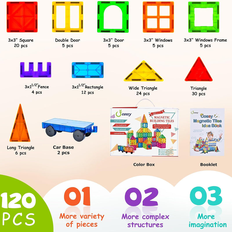 cossy 120Pcs Magnetic Tiles Magnetic 3D Building Blocks Set Educational Construction Toys for 3 4 5 6 7 8 Year Old Boy and Girl with Stronger Magnets, Educational Toys, Recreational, Conventional