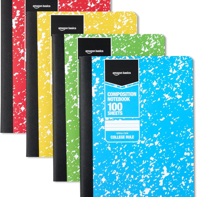 Amazon Basics Composition Notebook, College Ruled, 100 Sheets, 9.75" x 7.5", Assorted Marble Colors, 4-Pack