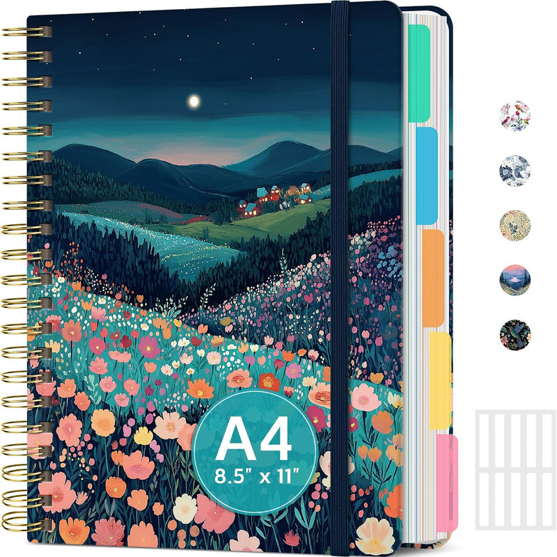 Large Lined Spiral Journal for Women Cute Hardcover 5 Subject Notebook for Work 8.5" x 11" with Removable Dividers & Tabs, College Ruled, 280 Pages Aesthetic Journal for Work, School & Note Taking, Garden of Whimsy