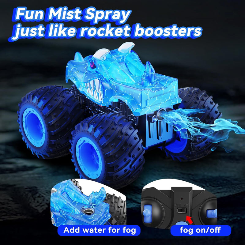 AUUGUU Remote Control Monster Truck with 2.4GHz and Light Spray for Kids 3+ Years Old, All-Terrain RC Car