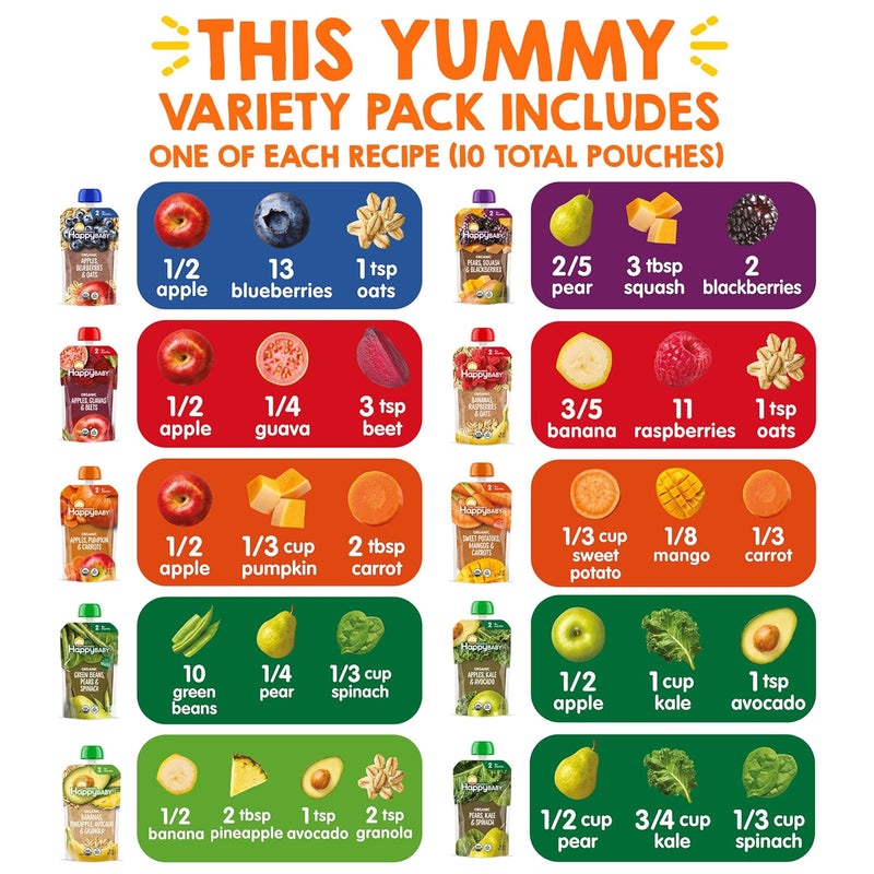 Happy Baby Organics Stage 2 Baby Food Pouches, Gluten Free, Vegan & Healthy Snack, Clearly Crafted Fruit & Veggie Puree, Fruit & Veggie Variety Pack, 4 Ounces (Pack of 10), Amazon Exclusive