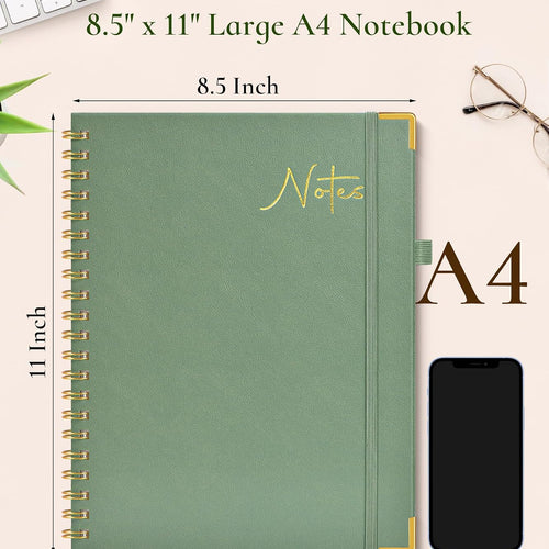 Hardcover Spiral Notebook Journal 8.5” x 11”, A4 Large Leather Notebooks for Women Men, Lined College Ruled Notebook, 50 Sheets/100 Pages, Spiral Bound Journals for Work School Note Taking, Green