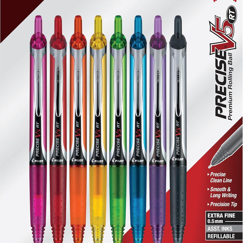 Pilot Precise V5 RT Refillable & Retractable Rolling Ball Pens, Extra Fine Point Pens, 0.5 mm, Assorted, Pack of 7 - Ideal for School, Journaling & Office Writing