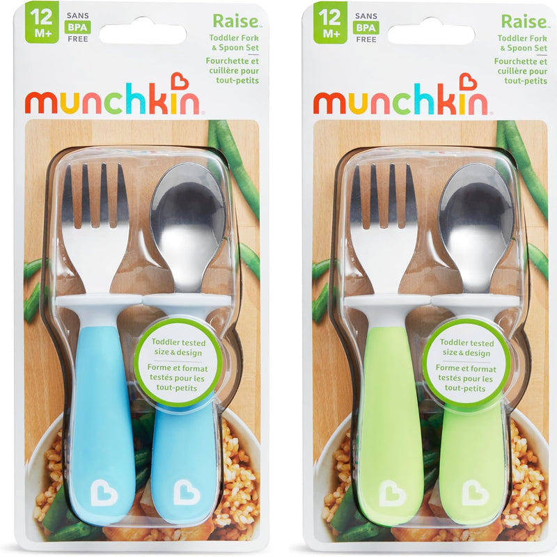 Munchkin® Raise™ Toddler Fork and Spoon Utensil Set, Rest Keeps Tip Off Table, BPA Free, 4 Pack, Blue/Green