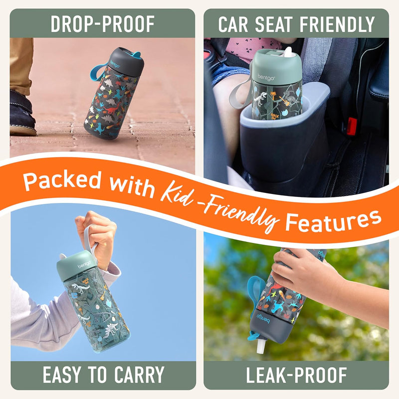 Bentgo Kids Water Bottle 2-Pack, Leak-Proof, 15 oz, Bite & Sip Spout | Durable Tritan, BPA-Free, Shatter-Resistant, Carry Handle, Top-Rack Dishwasher Safe (Dinosaur/Dino Fossils)
