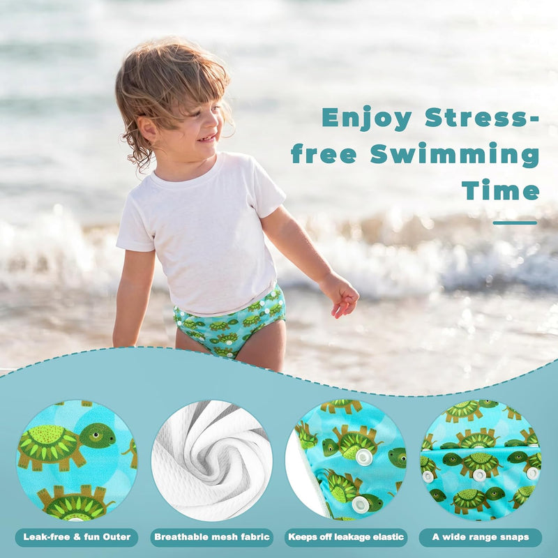 wegreeco Reusable Swim Diapers,Baby & Toddler Snap One Size Adjustable Reusable Baby Swim Diaper (Diving, Ocean, Turtle, Large, 3 Pack)