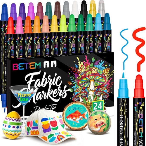 Betem 24 Colors Dual Tip Acrylic Paint Markers, Fabric Decorating Kits Premium Water-Based Acrylic Paint Pens Art Supplies for Fabric, Rock, Wood, Glass, Canvas, Ceramic, Teacher Appreciation Gift