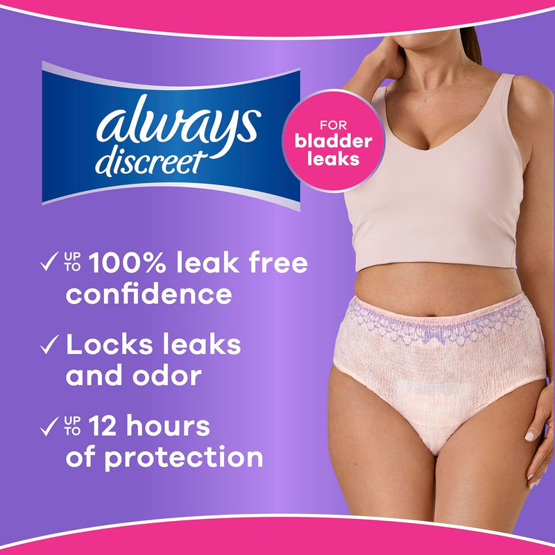 Always Discreet Adult Diapers for Women, Incontinence Underwear, Postpartum Essentials, Disposable Briefs, Max Absorbency, Bladder Leak Protection, Large, 17ct