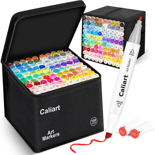 Caliart Alcohol Markers 100 Colors Dual Tip Fine & Chisel Art Markers Pens | Permanent Alcohol Based Sketch Markers Set with Case for Artists, Adults Coloring Books, Drawing Illustration (White Barrel)