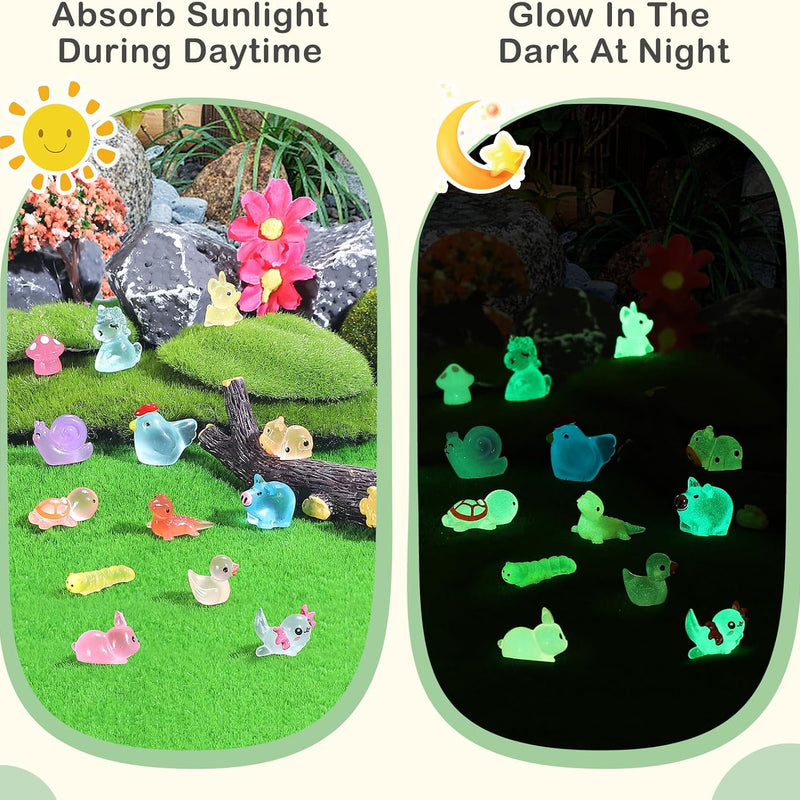 Luminous mini Resin Animals to Hide 120 Pcs Tiny Resin Animals Glow in The Dark for Miniature Fairy Garden Decoration Accessories Micro Landscape Aquarium Potted Decoration