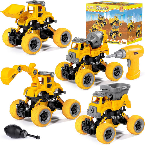 LUDILO Toys for 3 4 5 Year Old Boy Birthday Gift: 4PCS Take Apart Construction Truck Excavator Toy with Electric Drill, Kids Building Stem Learning Toy Gifts for 3 4 5 6 Year Old Boys Toys Age 4-6 3-5