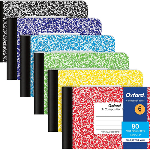 Oxford Composition Mini Notebooks, 6 Pack, Cover Colors Vary, Wide Ruled Paper, 4-7/8 x 7-1/2 Inch School Journals, Assorted Color Covers, 80 Sheets per Book (63779)