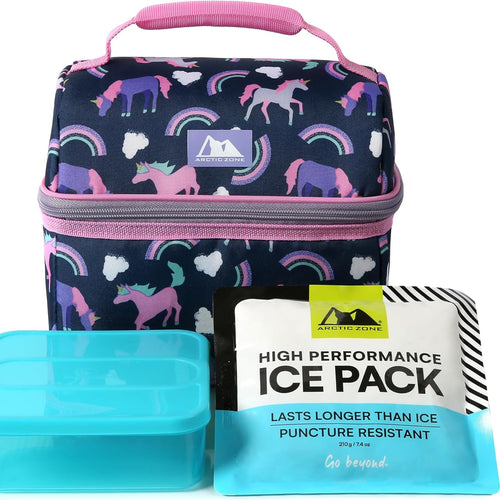 Arctic Zone Kids Lunch Box Combo with Gel Ice Pack and Sandwich Container, 2 Compartment Insulated Bucket for Travel Lunch, Unicorn Princess